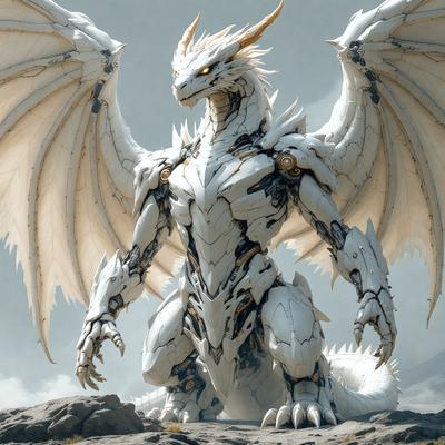 Primary subject: A white dragon with gold horns and a gold crown.

Setting/background: The dragon is standing on a rocky surface, with a mountain in the background.

Visual style: The image is a digital artwork, featuring a detailed and intricate dragon design.

Colors and mood: The dragon is predominantly white, with gold accents on its horns and crown. The overall atmosphere is majestic and powerful.